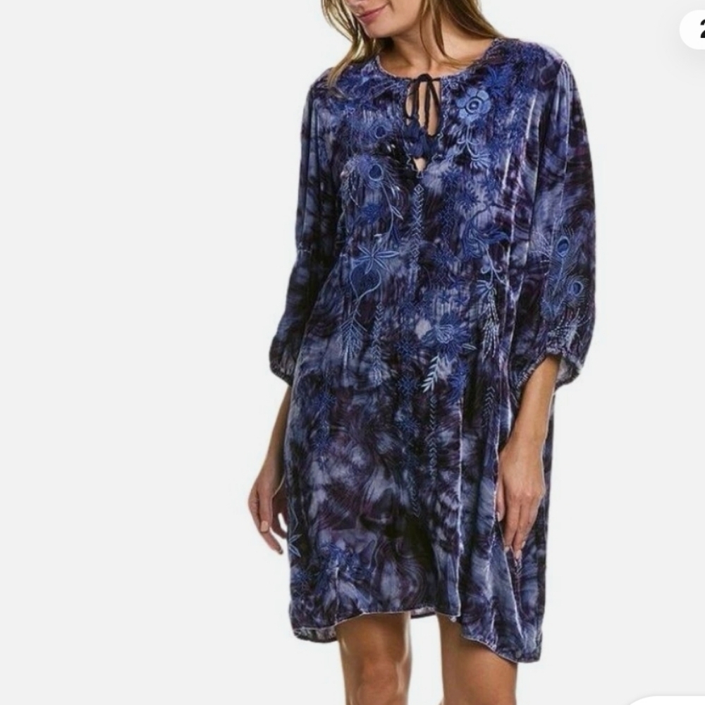 Johnny Was Blue & Purple Floral Tie-Neck Tunic Dress